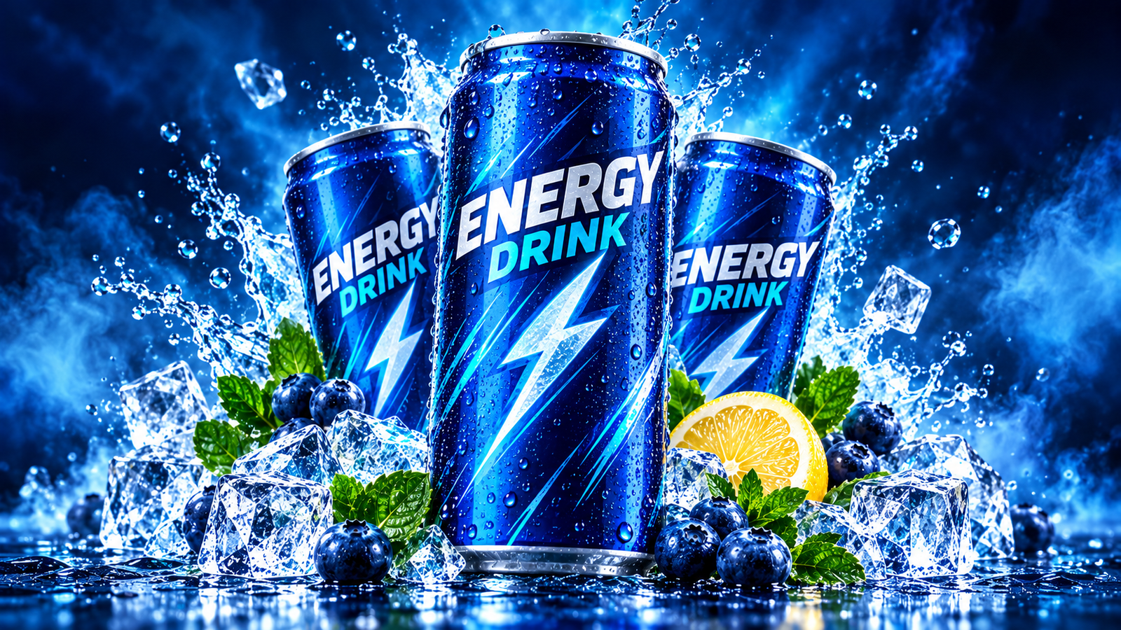 Premium blue energy drinks with ice and fruit